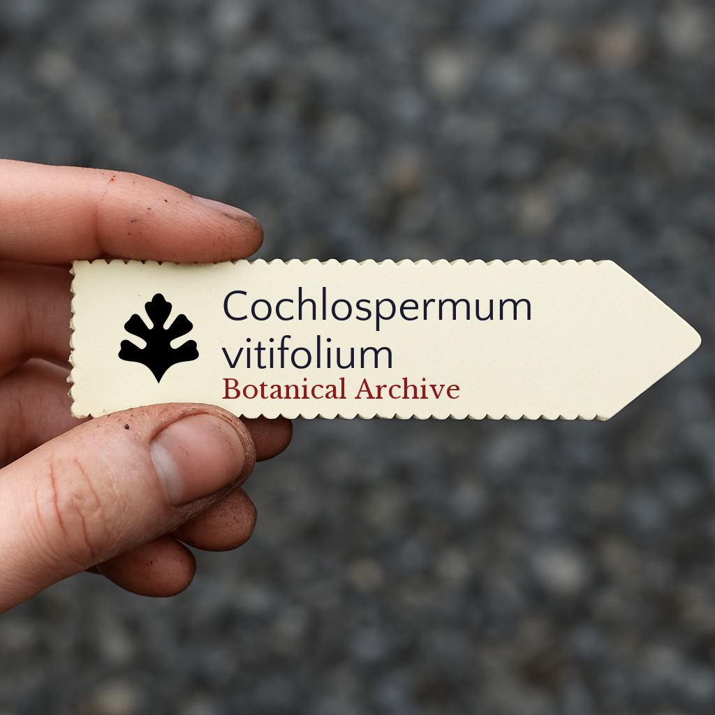 Printed plant label for Cochlospermum vitifolium held by hand with dirt background