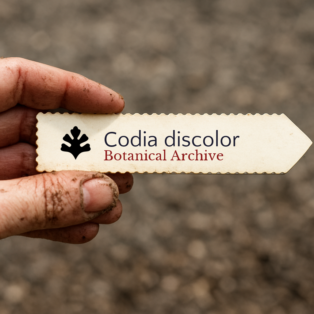 Etichetta stampata per pianta Codia discolor tenuta da mano sporca su sfondo di terra