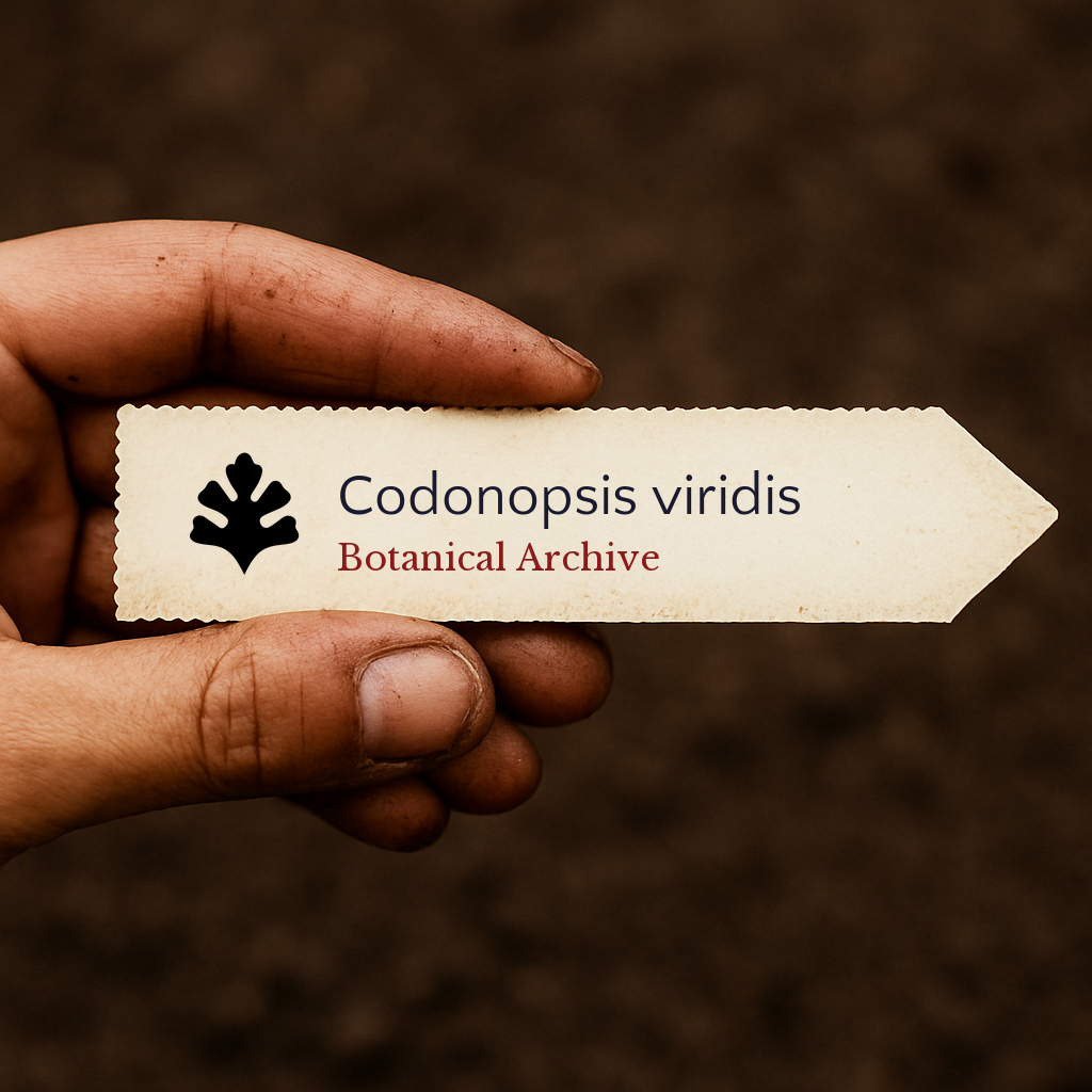 Etichetta stampata della pianta di Codonopsis viridis tenuta in mano con sfondo di terreno