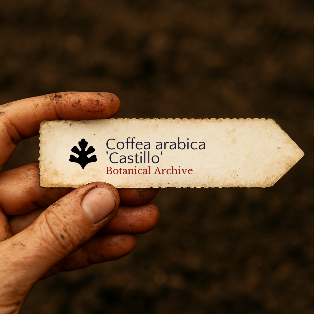 Etichetta vegetale stampata per Coffea arabica 'Castillo' tenuta da mano sporca su sfondo di terra