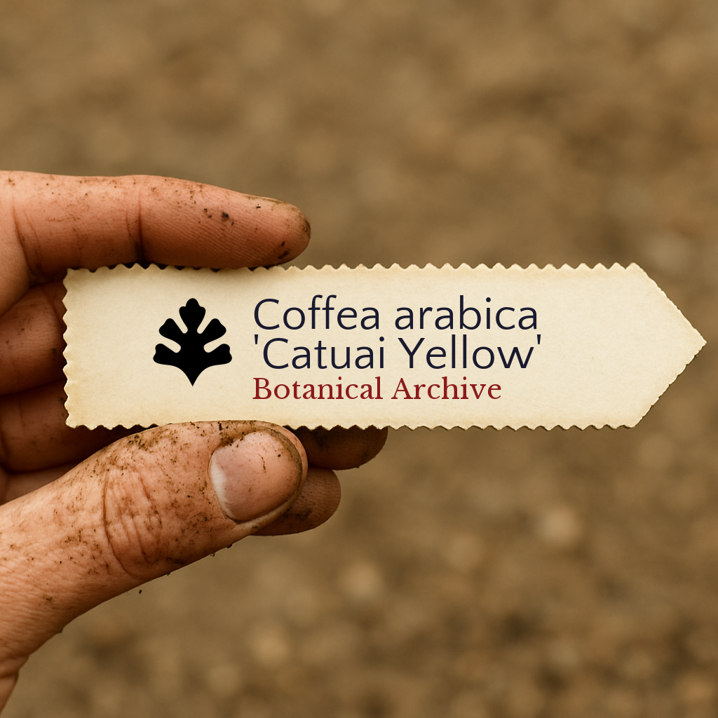 Printed plant label for Coffea arabica 'Catuai Yellow' held by a dirt-covered hand