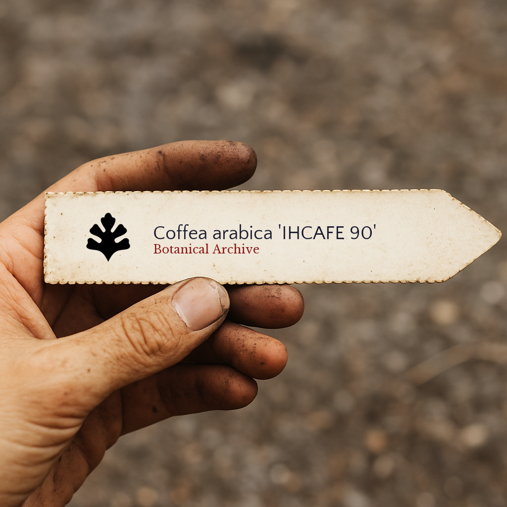 Etichetta stampata per pianta di Coffea arabica 'IHCAFE 90' tenuta da mano sporca all'aperto