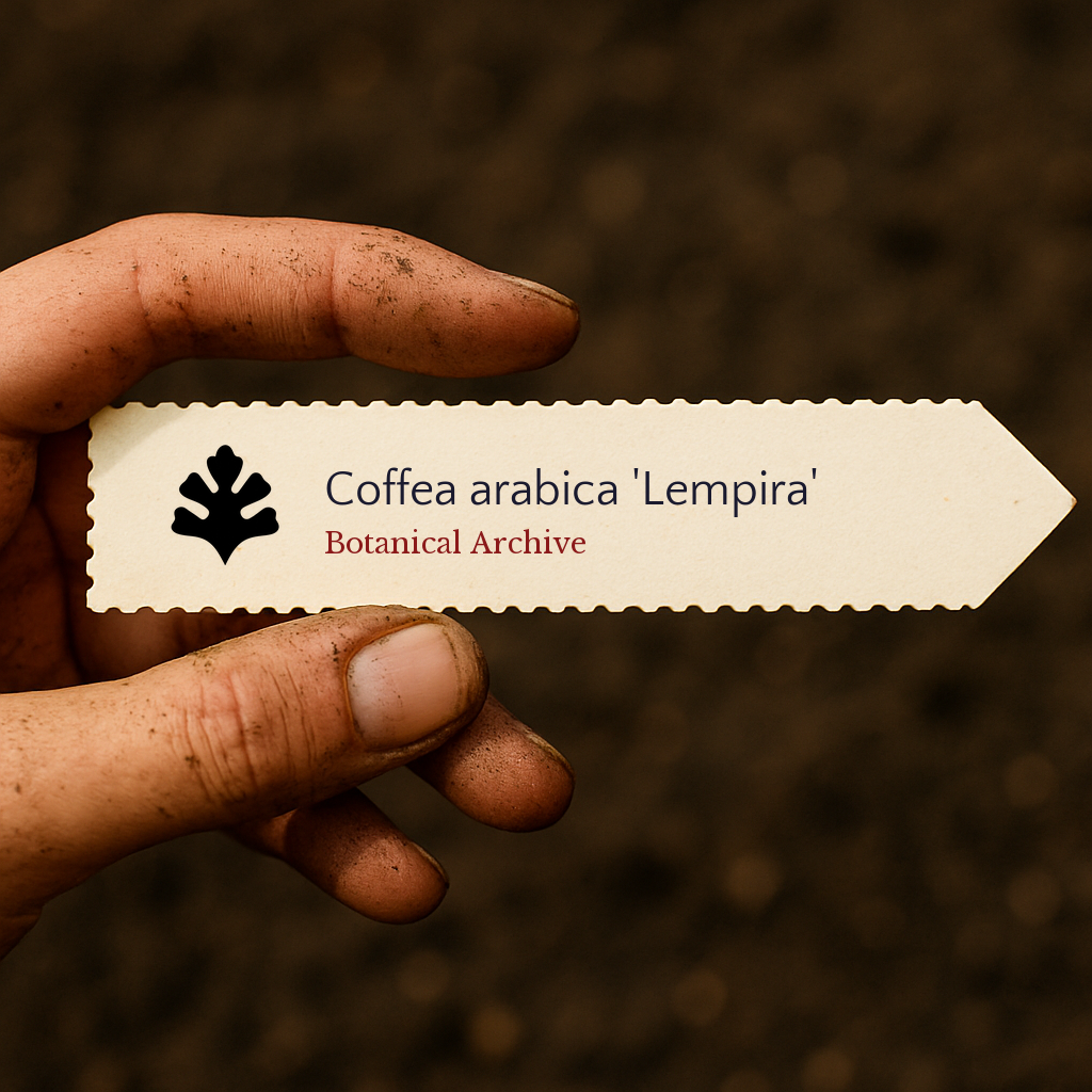 Etichetta per pianta stampata per Coffea arabica 'Lempira' tenuta da mano sporca su sfondo di terreno