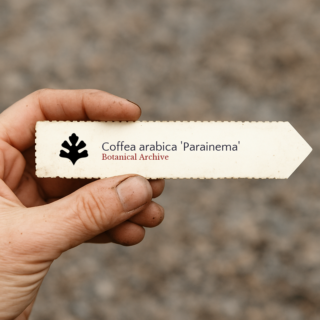 Etichetta stampata per pianta di Coffea arabica 'Parainema' tenuta in mano con sfondo di terra