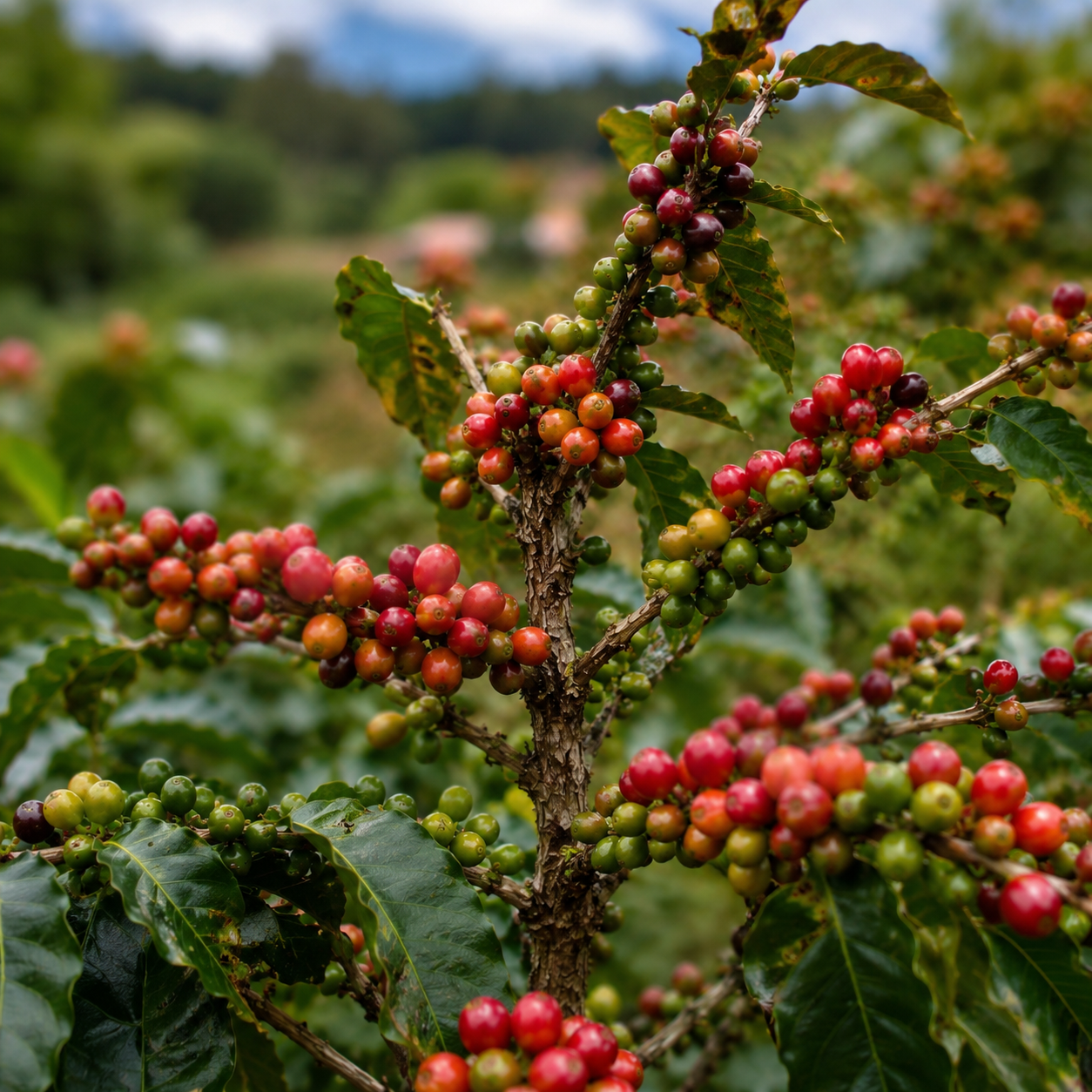 Pianta di caffè Coffea arabica 'Castillo' con bacche rosse e verdi che maturano su rami legnosi