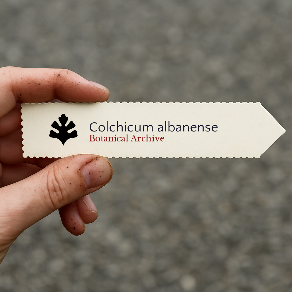 Printed plant label for Colchicum albanense with botanical archive logo held by hand