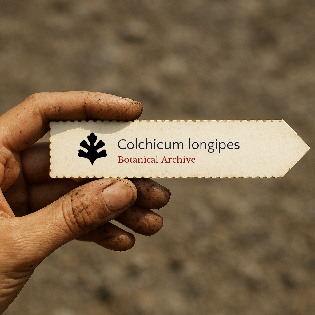 Printed plant label for Colchicum longipes held by dirty hand outdoors