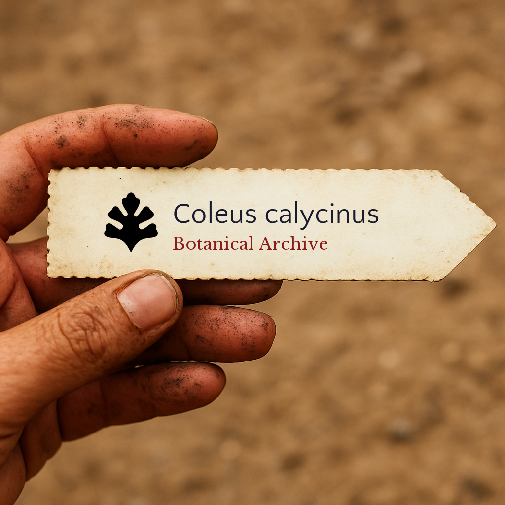 Etichetta per pianta stampata per Coleus calycinus tenuta da una mano sporca su sfondo di terreno