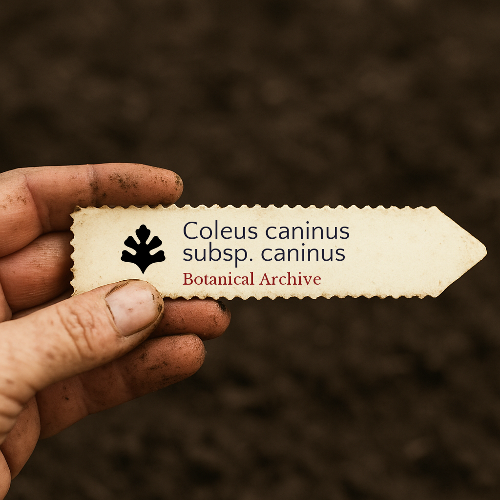 Etichetta stampata per pianta di Coleus caninus subsp. caninus tenuta sopra sfondo di terreno