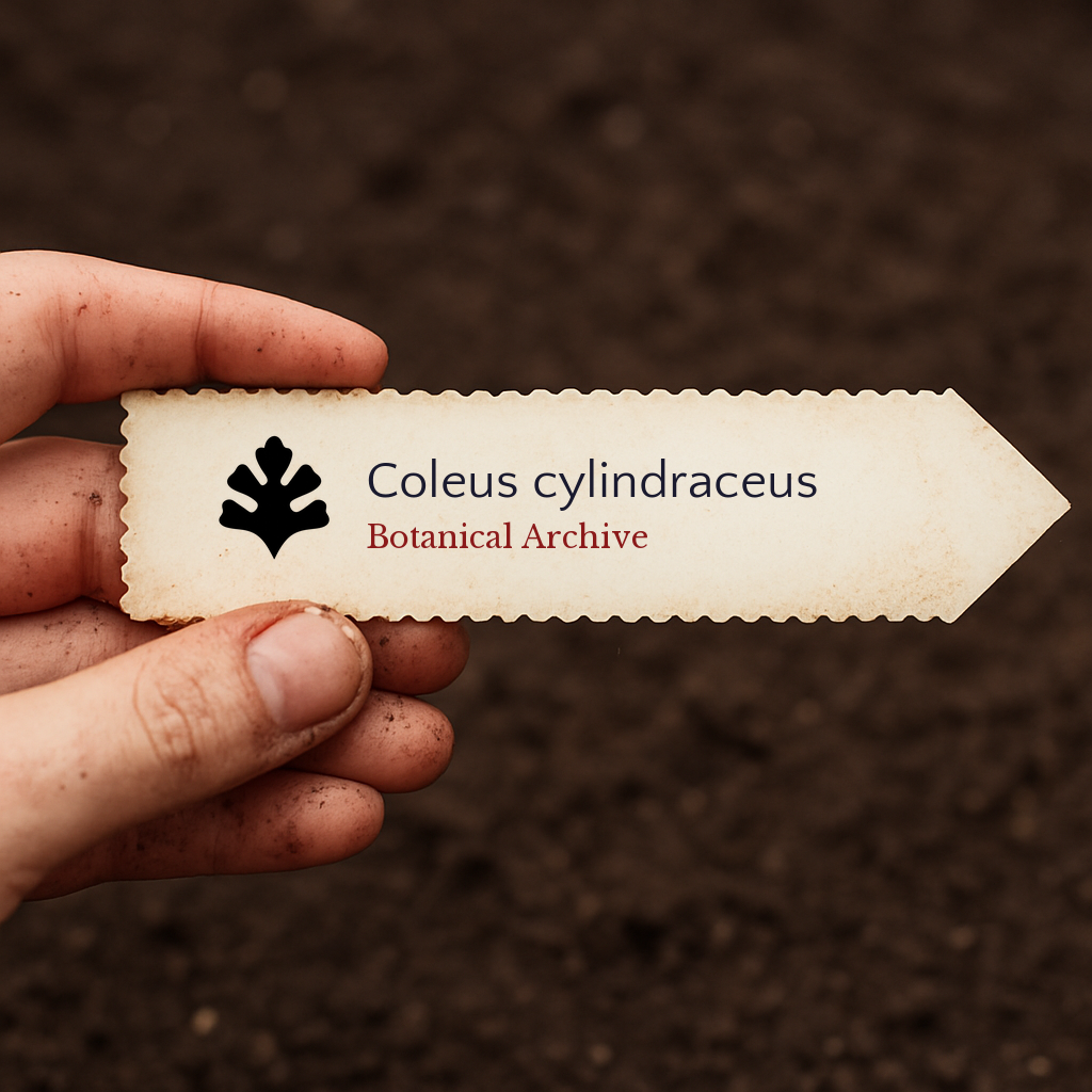 Printed plant label for Coleus cylindraceus with botanical archive logo in soil background