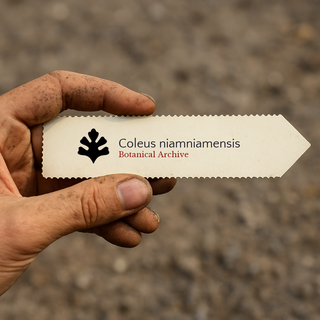 Printed plant label for Coleus niamniamensis held by dirty hand outdoors