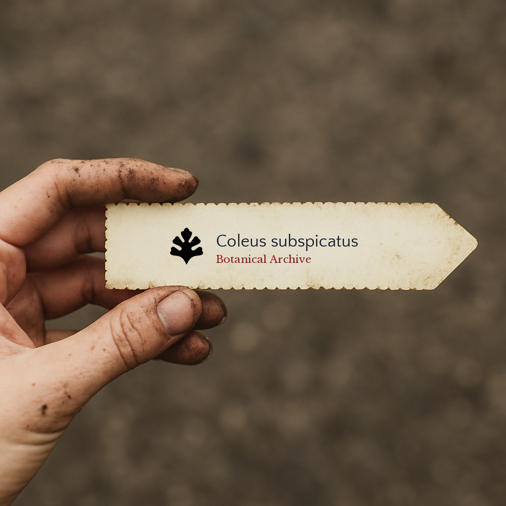 Printed plant label for Coleus subspicatus held by dirty hand with blurred soil background