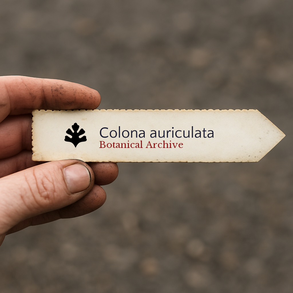 Etichetta stampata per pianta di Colona auriculata tenuta in mano con sfondo sfocato di terreno