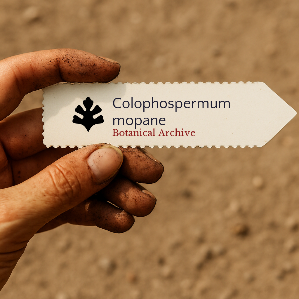 Printed plant label for Colophospermum mopane held by dirty hand with soil background