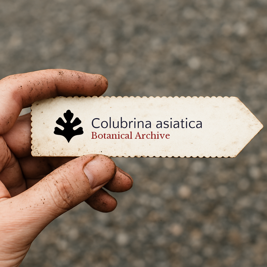 Etichetta per pianta stampata per Colubrina asiatica tenuta a mano con sfondo di terra