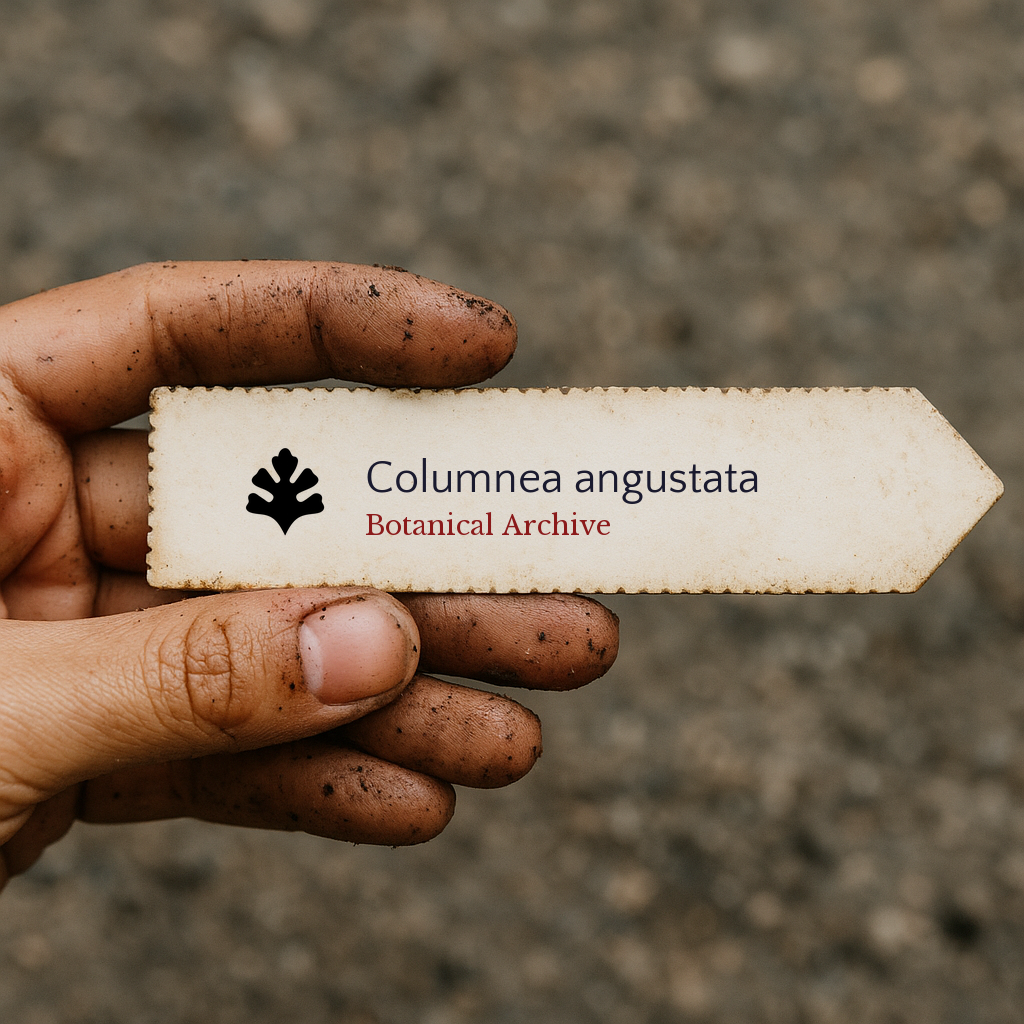Printed plant label for Columnea angustata held by dirty hand with soil background