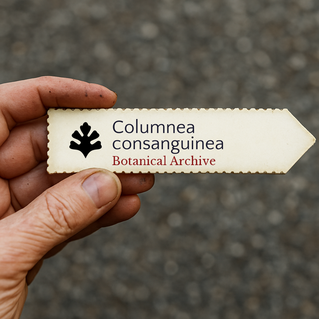 Printed plant label for Columnea consanguinea with botanical archive logo held by hand