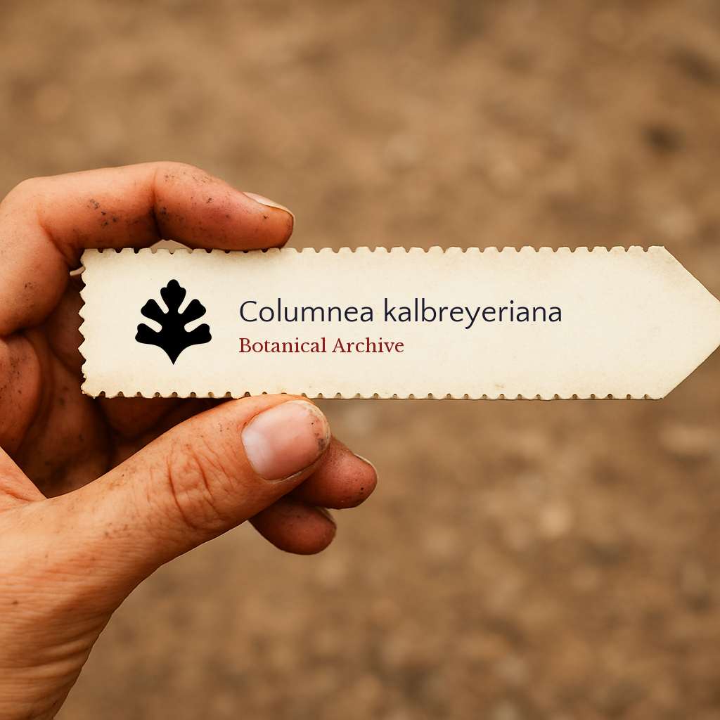 Printed plant label for Columnea kalbreyeriana held by hand with soil background