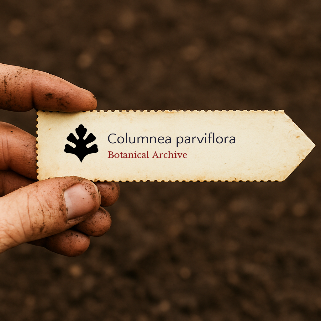 Printed plant label for Columnea parviflora held by dirty hand over soil background