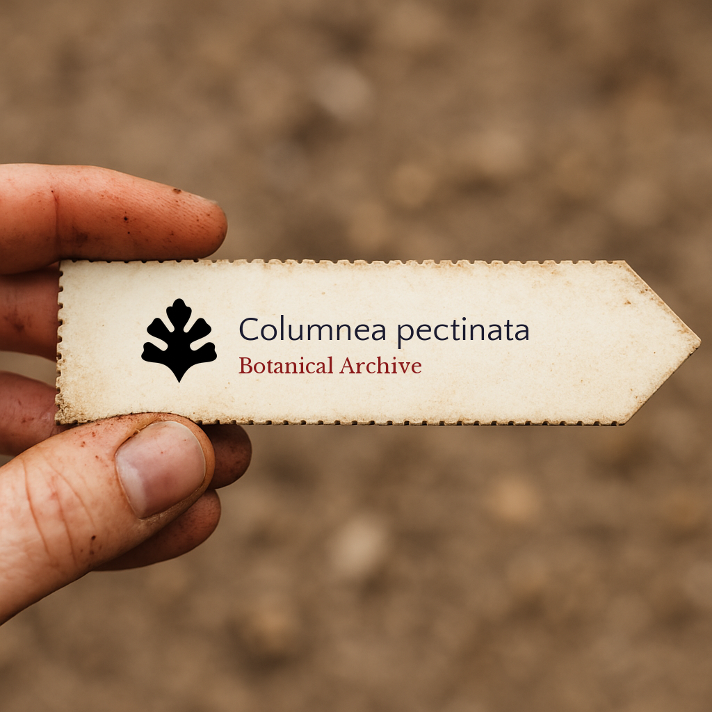 Printed plant label for Columnea pectinata held by hand with soil background