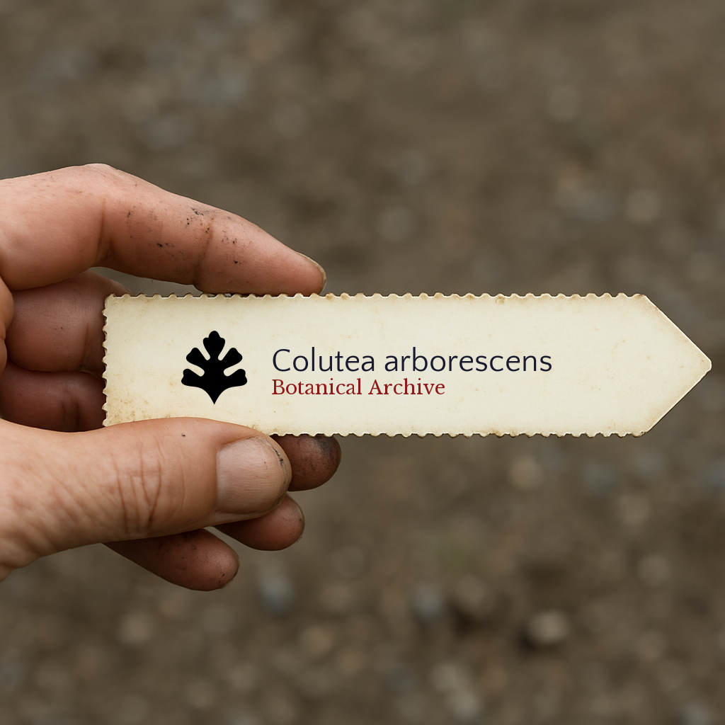 Printed plant label for Colutea arborescens held by hand with dirt background