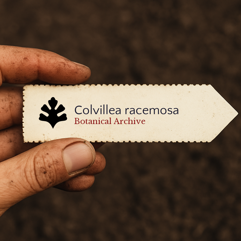 Printed plant label for Colvillea racemosa held by dirty hand over soil background