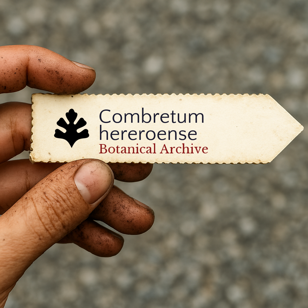 Printed plant label for Combretum hereroense held by dirty hand outdoors