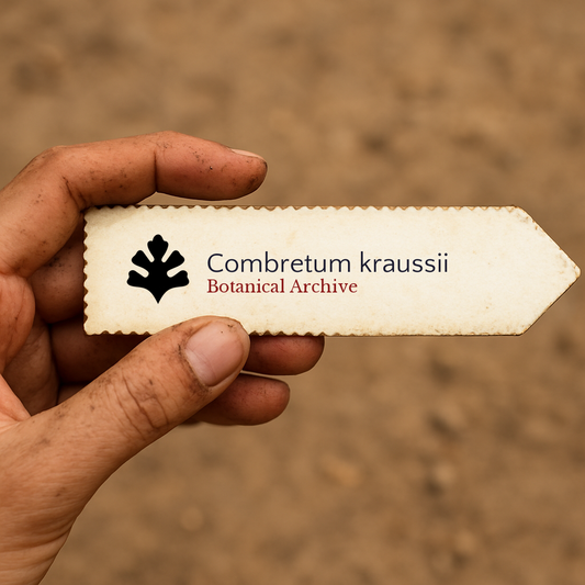 Printed plant label for Combretum kraussii with botanical archive logo held by hand
