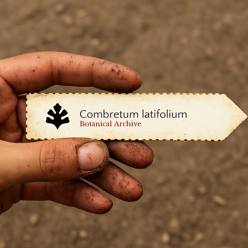 Printed plant label for Combretum latifolium held by dirty hand over soil background