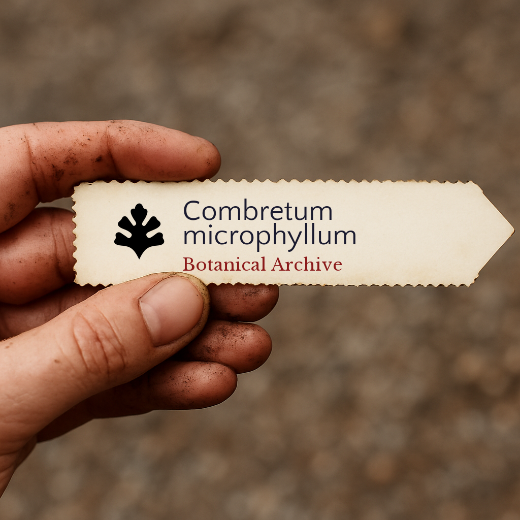 Printed plant label for Combretum microphyllum held by dirty hand outdoors