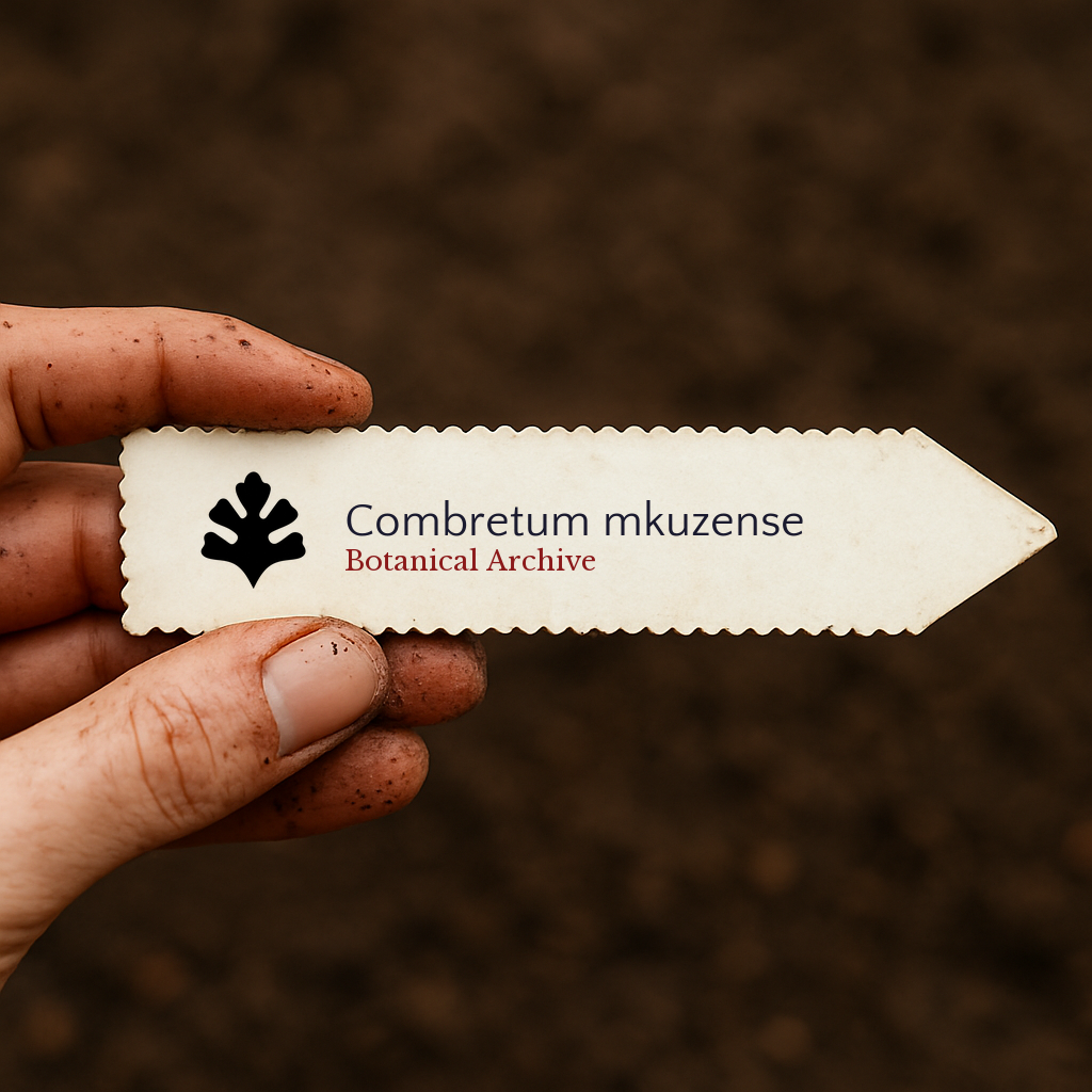 Printed plant label for Combretum mkuzense held by dirty hand over soil background
