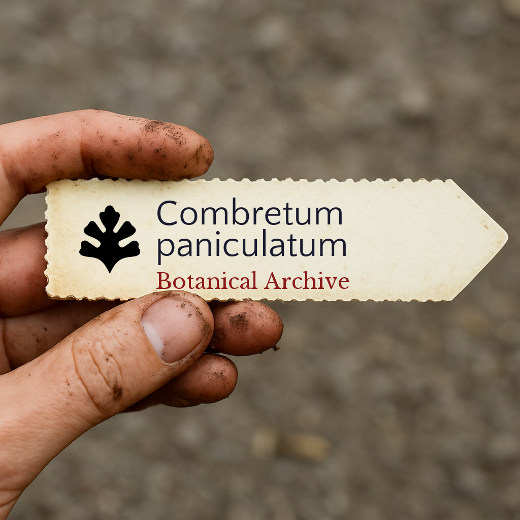 Etichetta stampata per pianta di Combretum paniculatum tenuta da mano sporca all'aperto