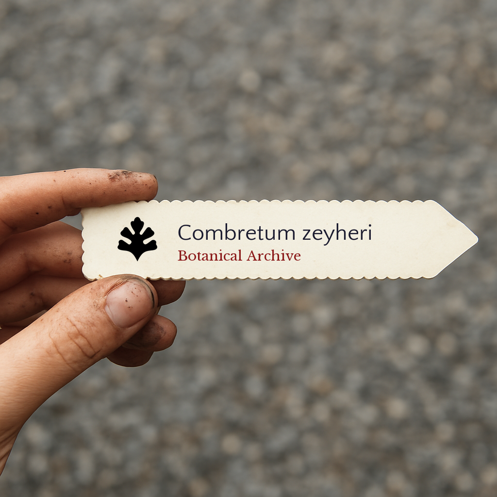 Printed plant label for Combretum zeyheri with botanical archive logo held by hand