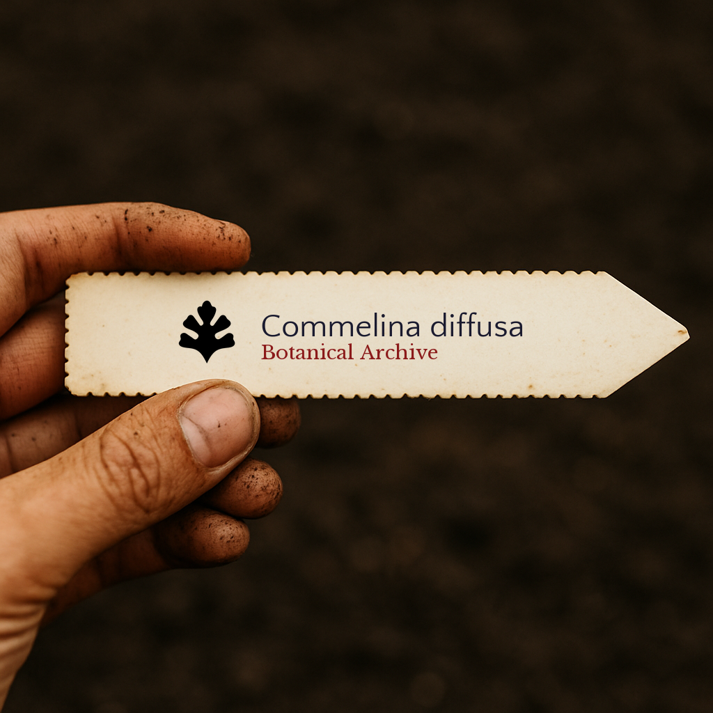 Printed plant label for Commelina diffusa held by dirty hand over soil background
