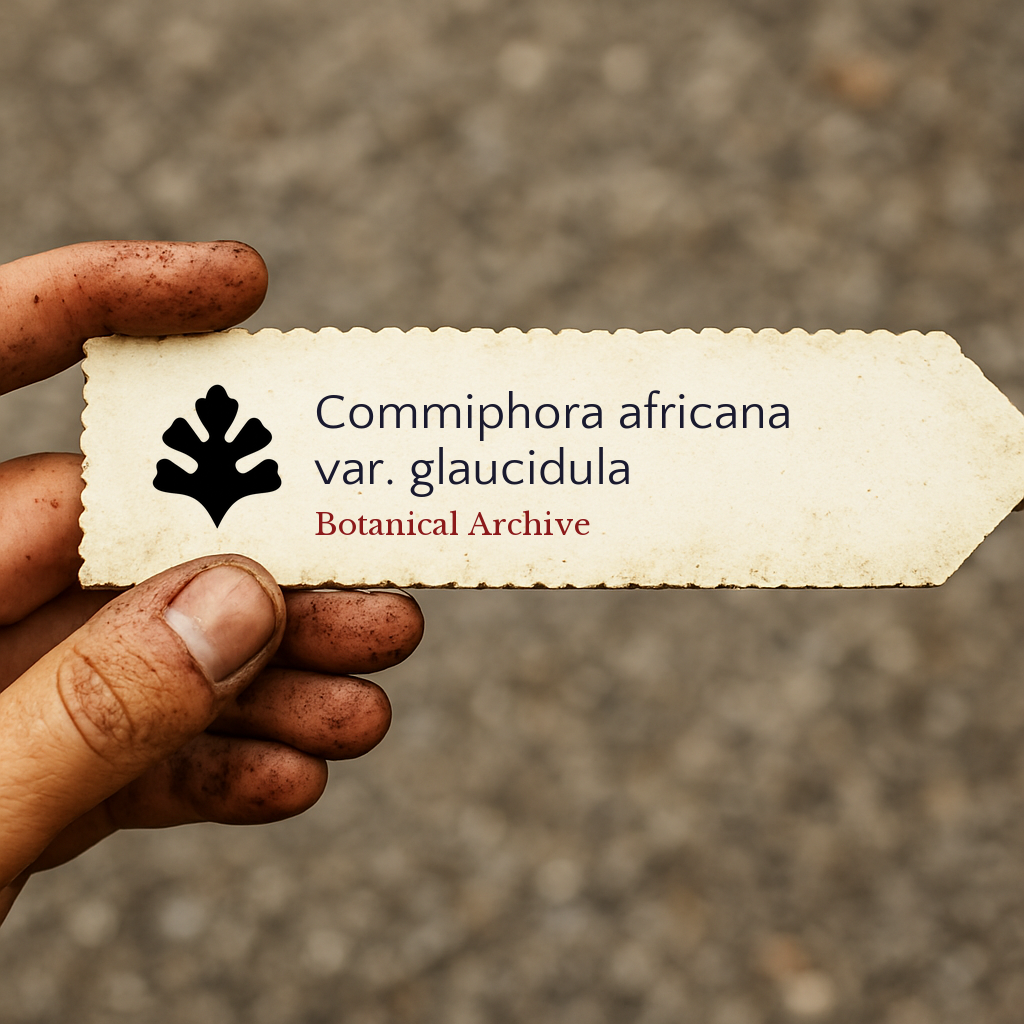 Printed plant label for Commiphora africana var. glaucidula held by dirty hand