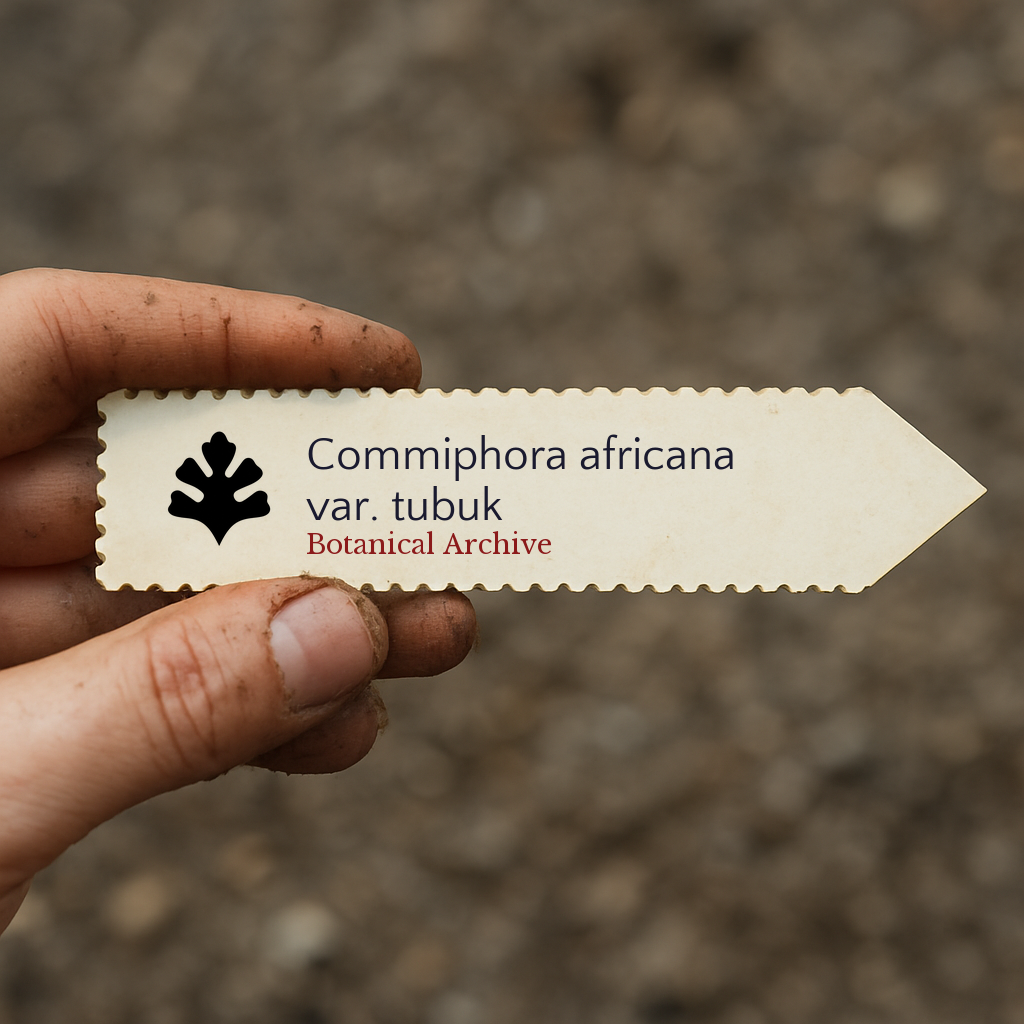 Printed plant label for Commiphora africana var. tubuk held by dirty hand outdoors