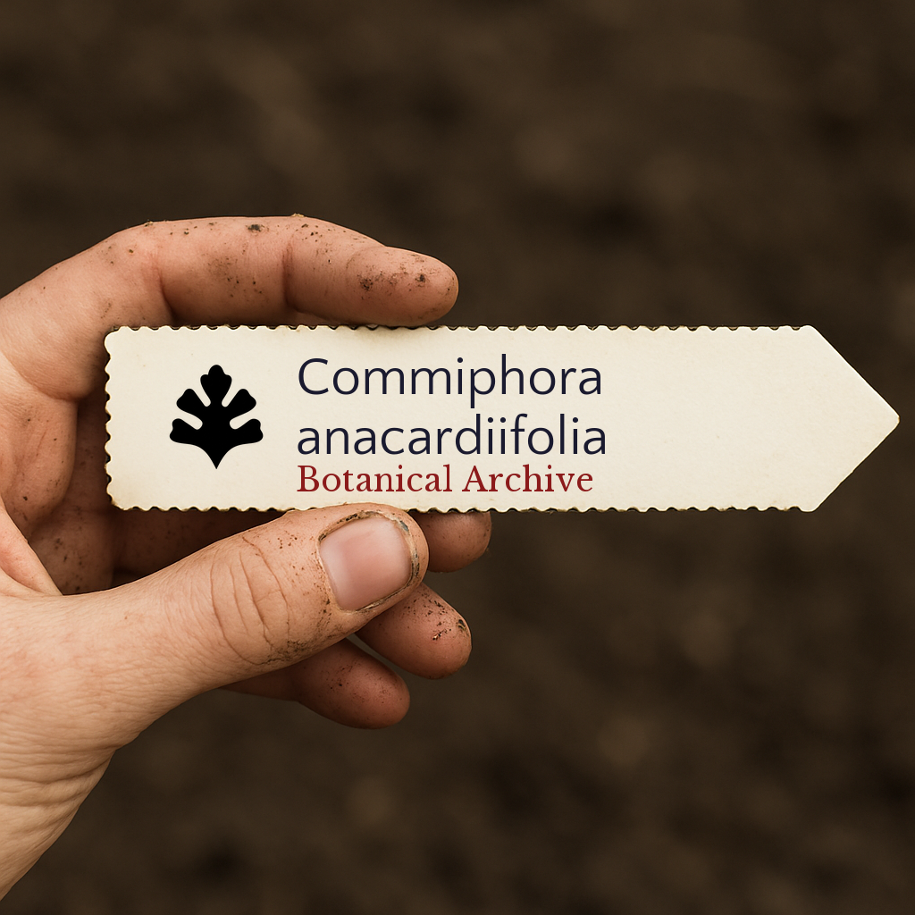 Etichetta della pianta stampata per Commiphora anacardiifolia tenuta da una mano sporca sullo sfondo del terreno