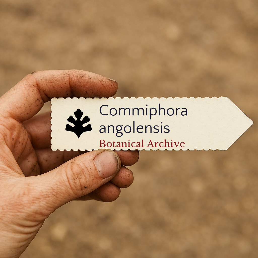 Printed plant label for Commiphora angolensis held by hand with soil background