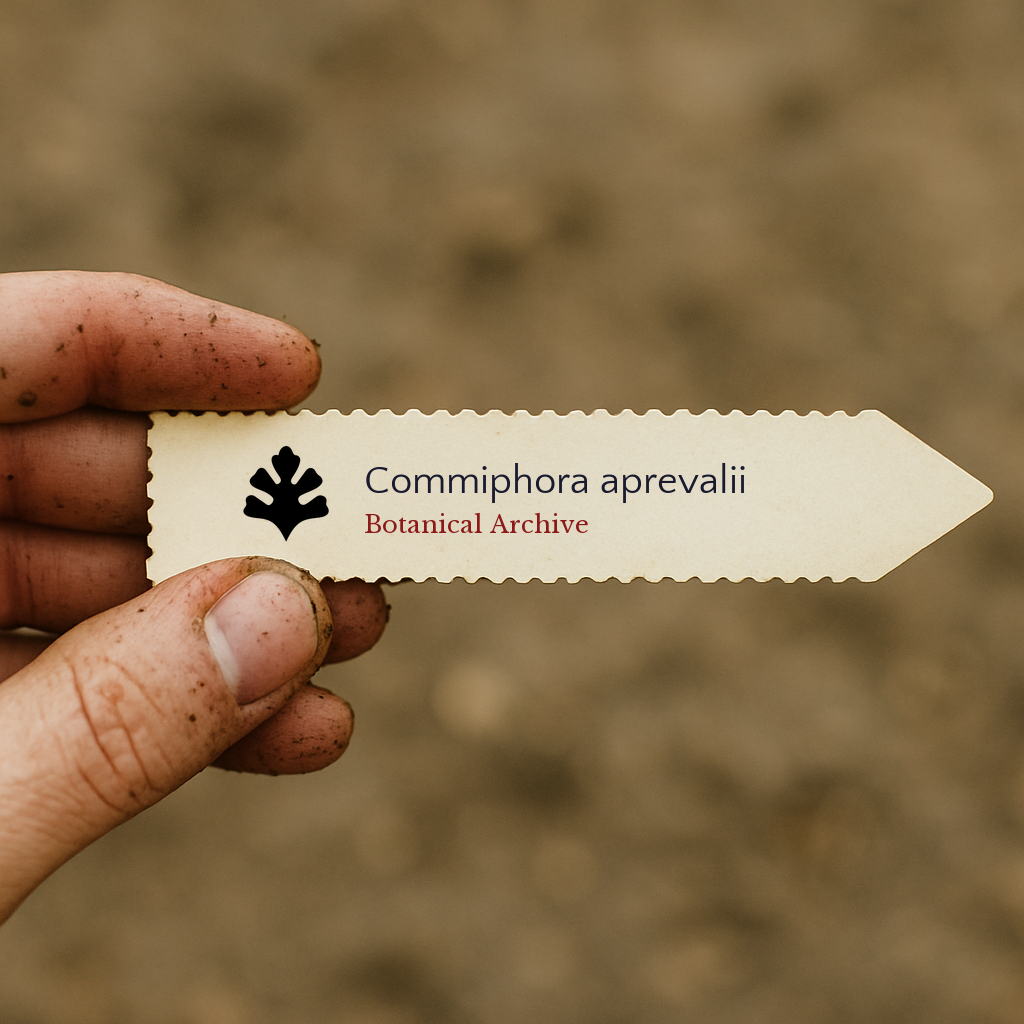 Etichetta della pianta per Commiphora aprevalii tenuta da una mano sporca con sfondo sfocato di terreno