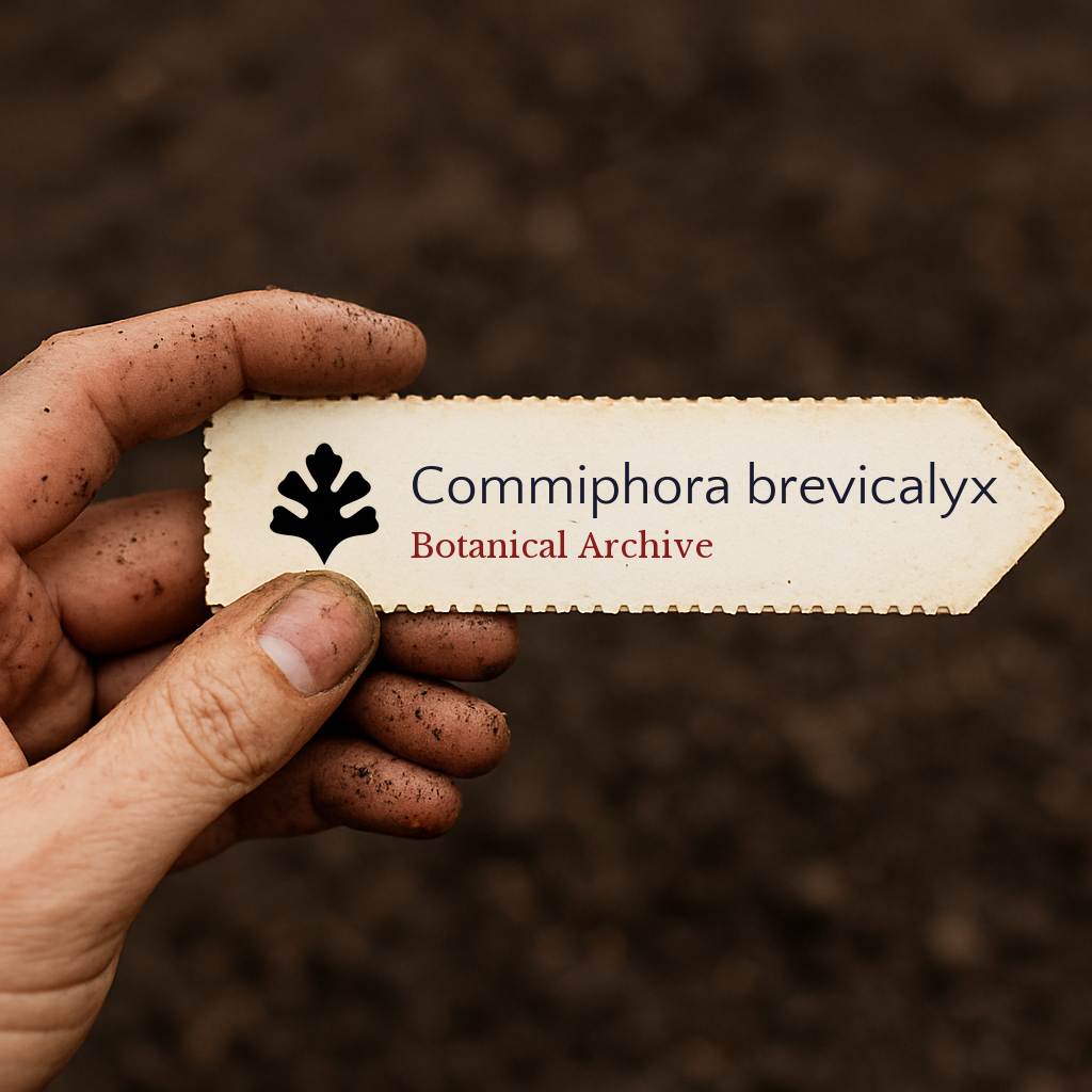 Etichetta stampata della pianta per Commiphora brevicalyx tenuta da una mano sporca su sfondo di terreno