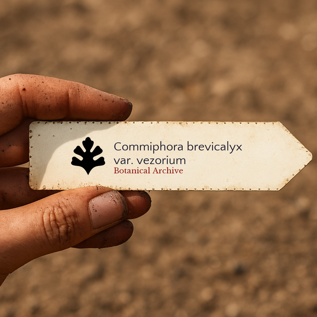 Printed plant label for Commiphora brevicalyx var. vezorium held by hand with soil background