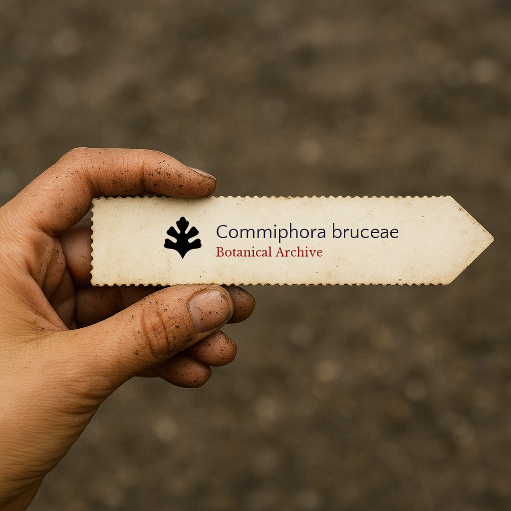 Printed plant label for Commiphora bruceae held by hand with soil background