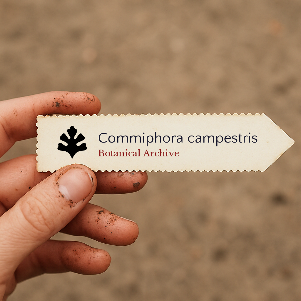 Etichetta stampata per pianta di Commiphora campestris tenuta a mano con sfondo di terreno