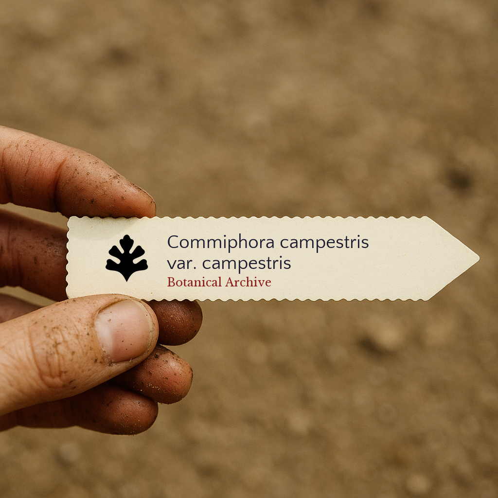 Printed plant label for Commiphora campestris var. campestris held by dirty hand over soil background