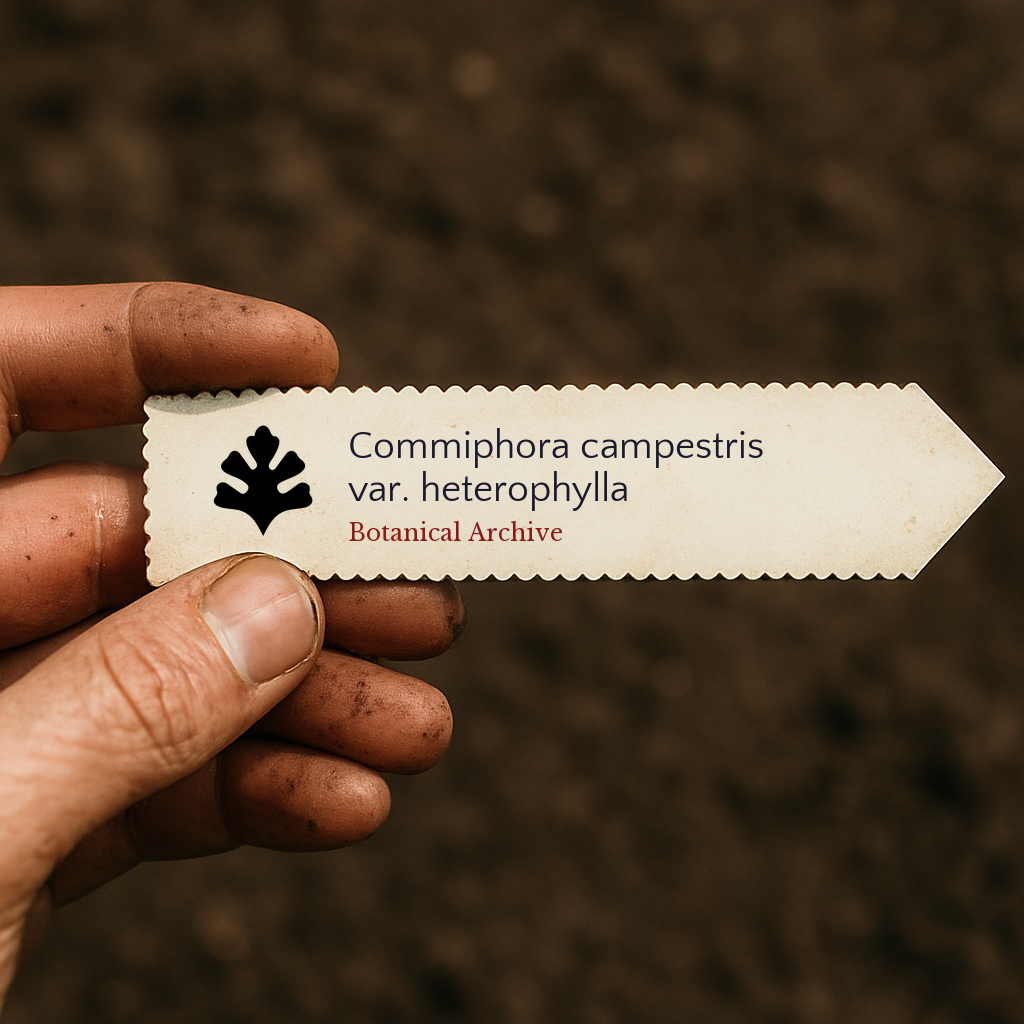 Printed plant label for Commiphora campestris var. heterophylla held by dirty hand over soil background