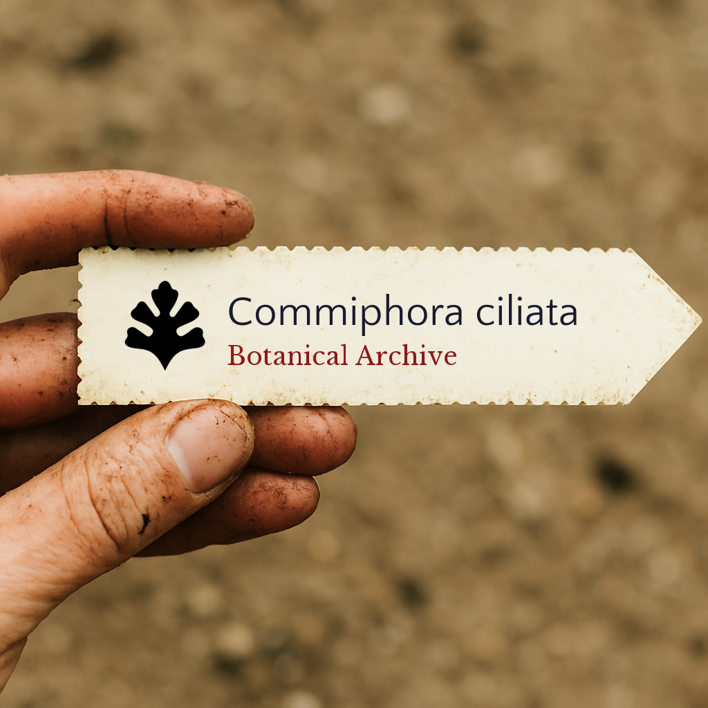 Printed plant label for Commiphora ciliata held by dirty hand over soil background