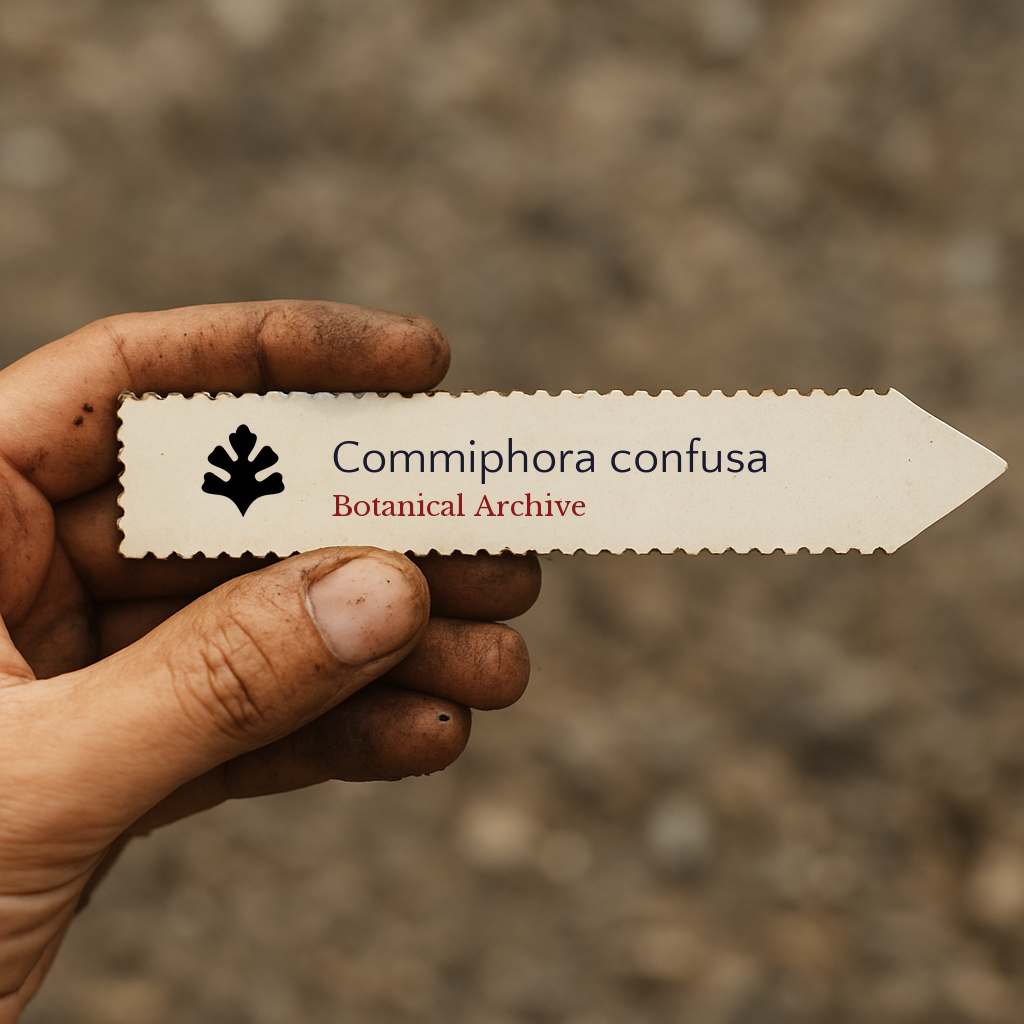 Printed plant label for Commiphora confusa held by dirty hand against soil background