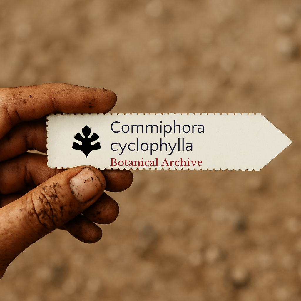 Etichetta stampata per pianta di Commiphora cyclophylla tenuta da mano sporca contro sfondo di terreno