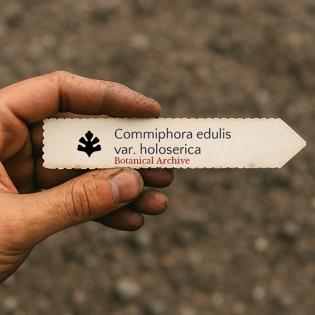 Printed plant label for Commiphora edulis var. holoserica held by dirty hand outdoors