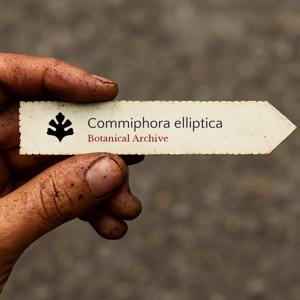 Printed plant label for Commiphora elliptica held by dirty hand outdoors